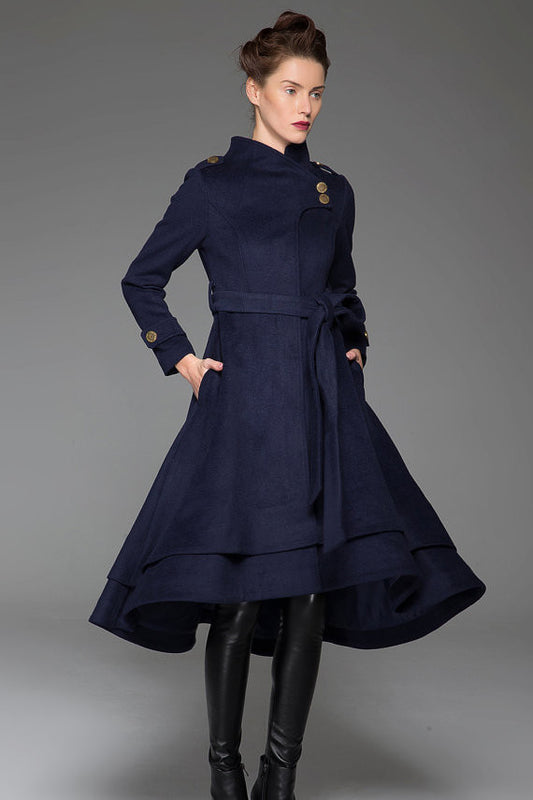 Hooded Wool Coat Women, Blue Wool Winter Coat, Asymmetric Long Wool Coat,  Fit and Flare Coat, Swing Coat, Handmade Coat, Dress Coat C1618 -   Canada