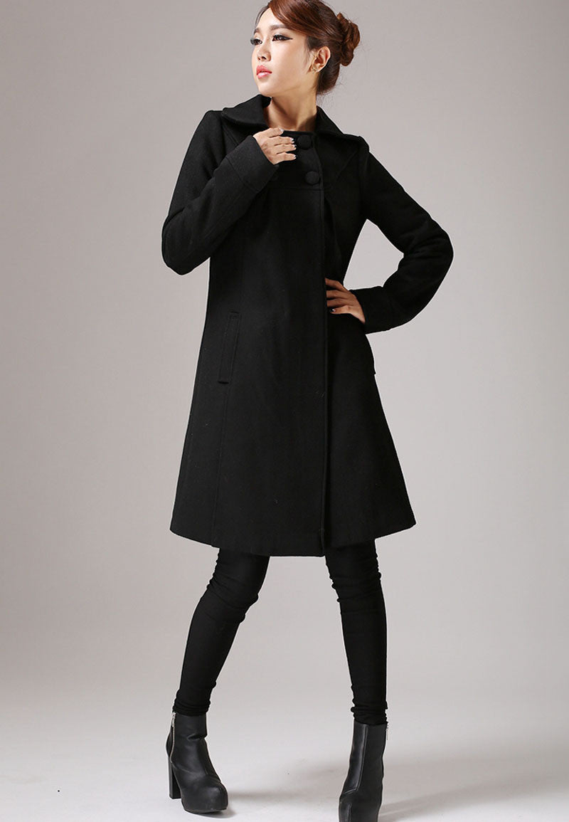 Black Wool Classic Coat with Top Buttoning - A-Line Winter Jacket Simp ...