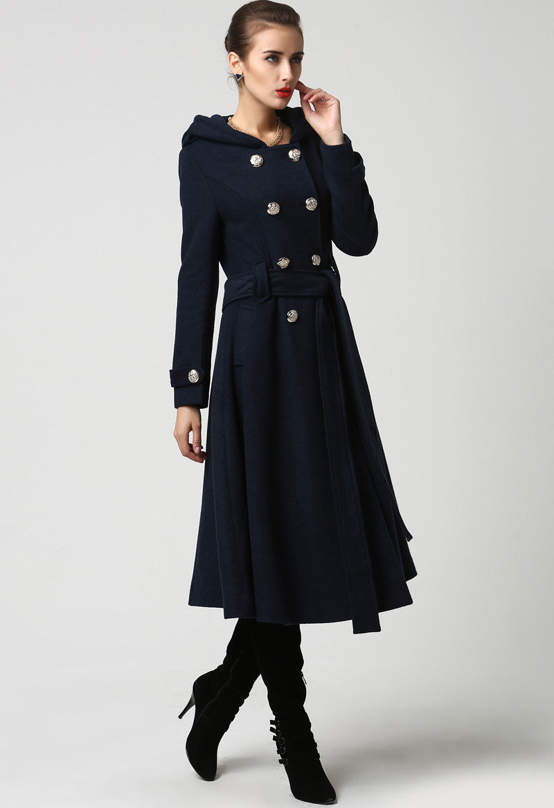 Women's military wool coat with hood in navy blue 1114# – XiaoLizi
