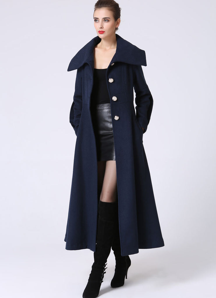 Long Blue Winter Coat - Large Collar Mid-Calf Length Single Breasted F ...