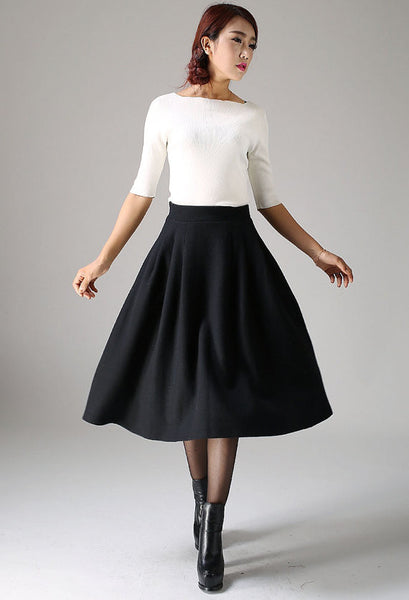 Classic Black Winter Skirt - Wool High Waist Office Work Skirt Mid-Cal ...