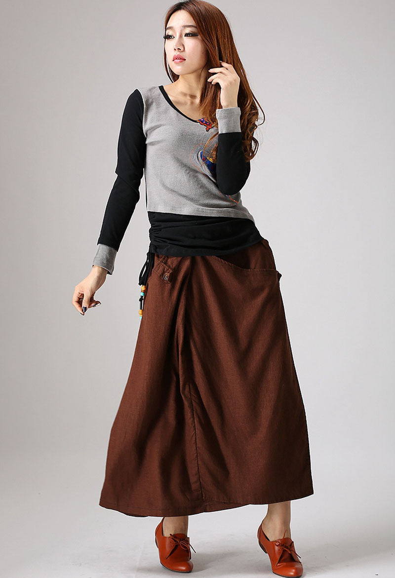 Brown linen skirt woman maxi skirt custom made long skirt (858) – XiaoLizi