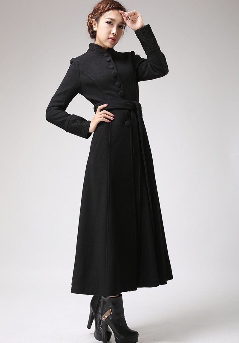 Long Black Dress Coat with Mandarin Collar - Single Breasted Coat Butt ...