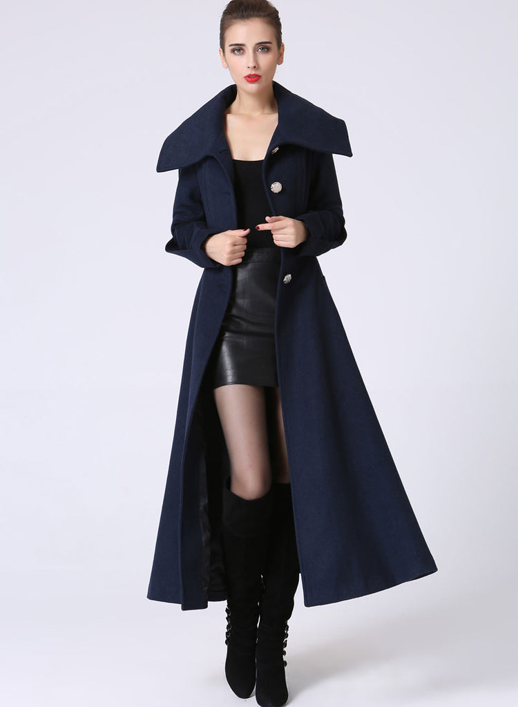 Long Blue Winter Coat - Large Collar Mid-Calf Length Single Breasted F ...