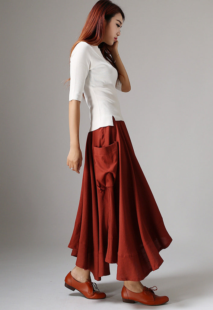 Asymmetrical Linen Skirt - Long Maxi Rust Red with Ruffle Hem & Two La ...