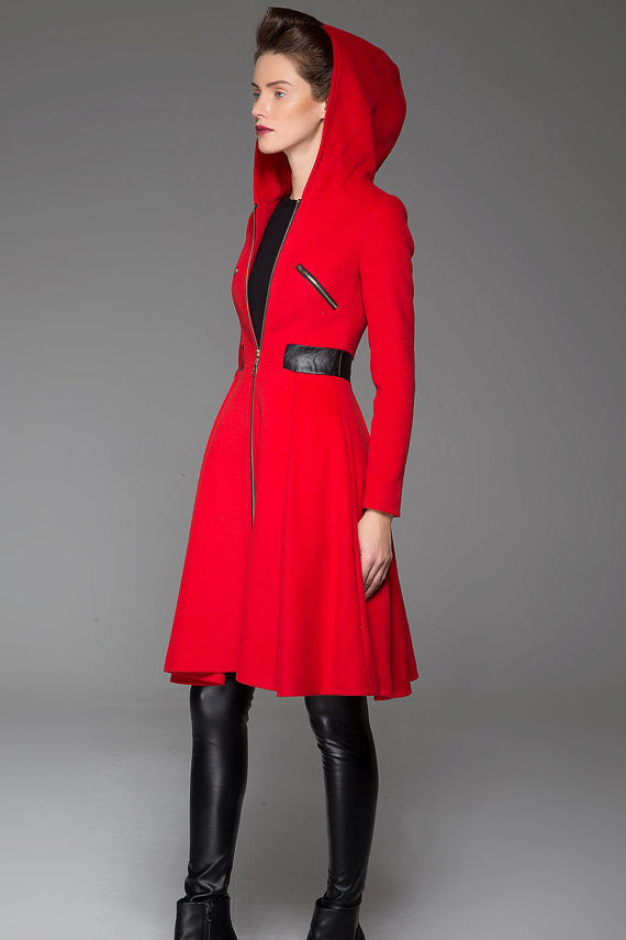 Lovely Princess Style Wool Coat Red Hooded Coat Winter Coat With Leath ...