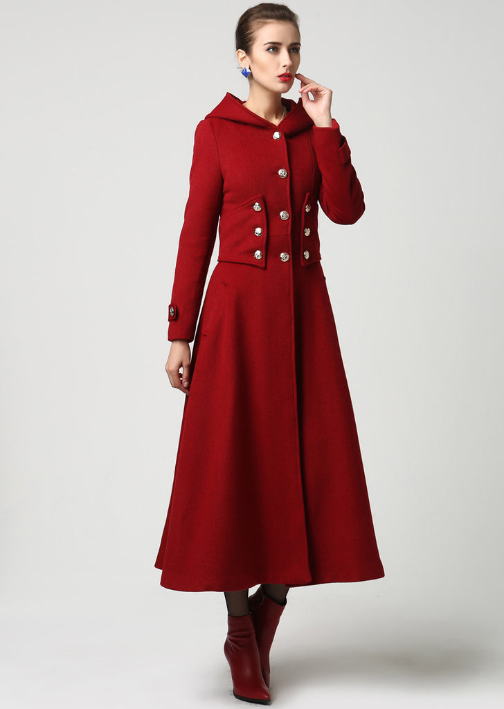Womens Long Red Wool Coat with Hood 1107 – XiaoLizi