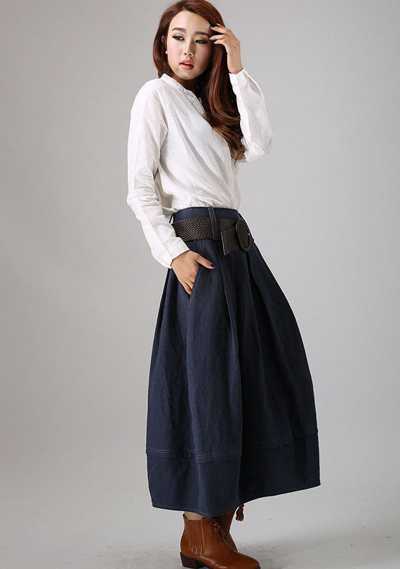 Made to Measure blue long linen Skirt with Side Pockets 0778# – XiaoLizi