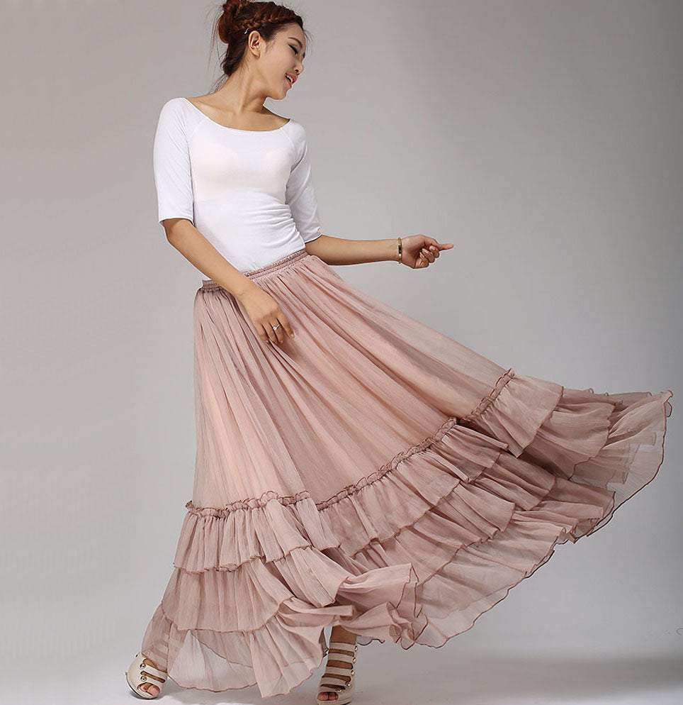 Long Chiffon Tiered Maxi Skirt Women Skirts In Blush Pink 0663 Xiaolizi 6555