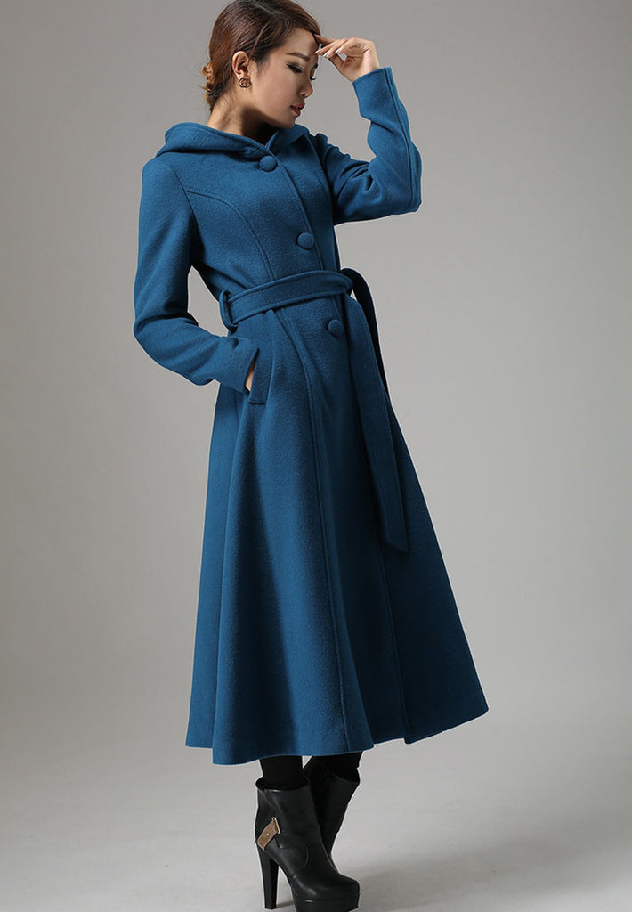 Blue wool swing coat - womens long coat with warm hood (739f1) – XiaoLizi