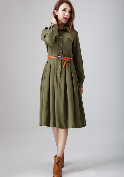 Army Green dress woman linen dress custom made midi dress (797) – xiaolizi