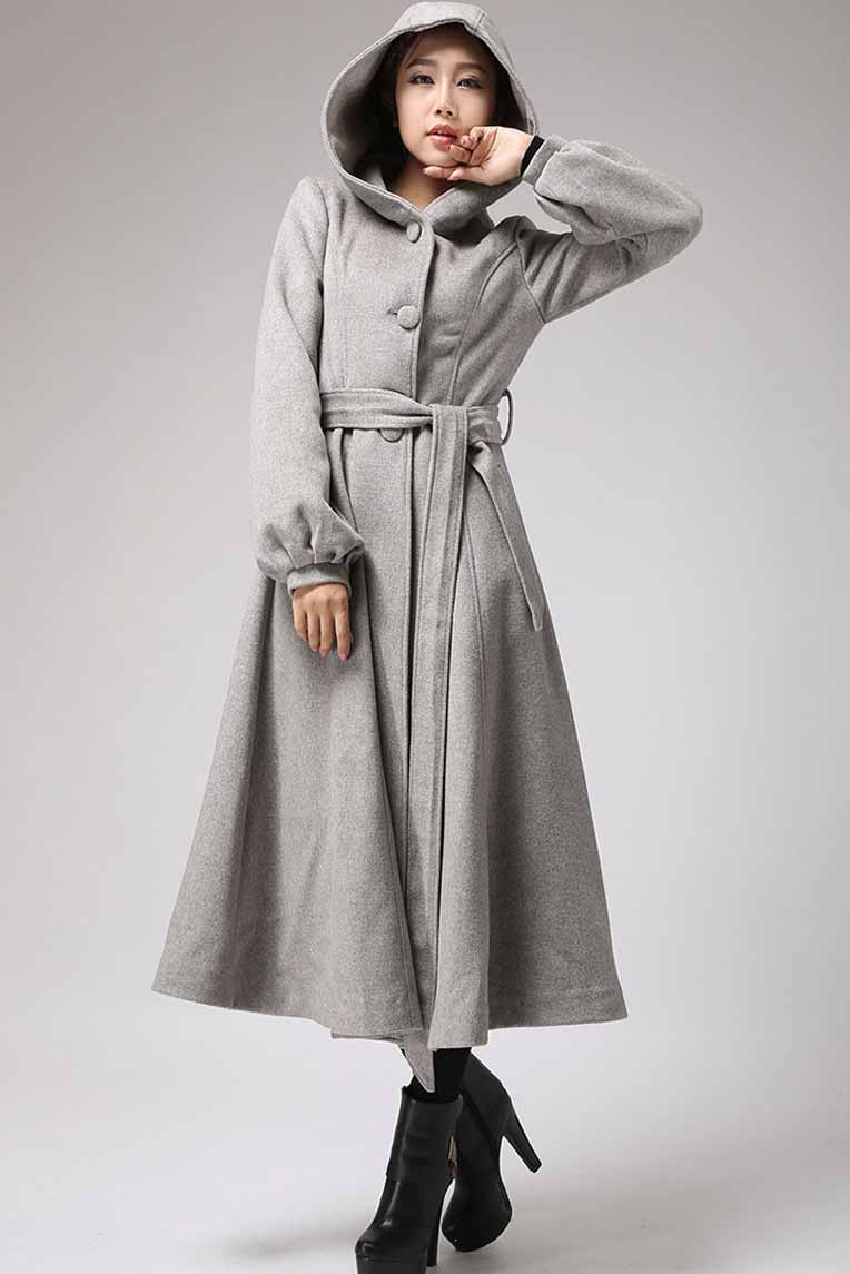 Maxi wool coat Long sleeve womens long swing coat with hood and self t ...