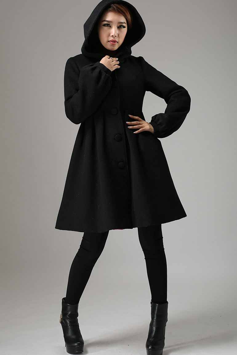 long sleeve wool jacket coat with hood in black 730# – XiaoLizi