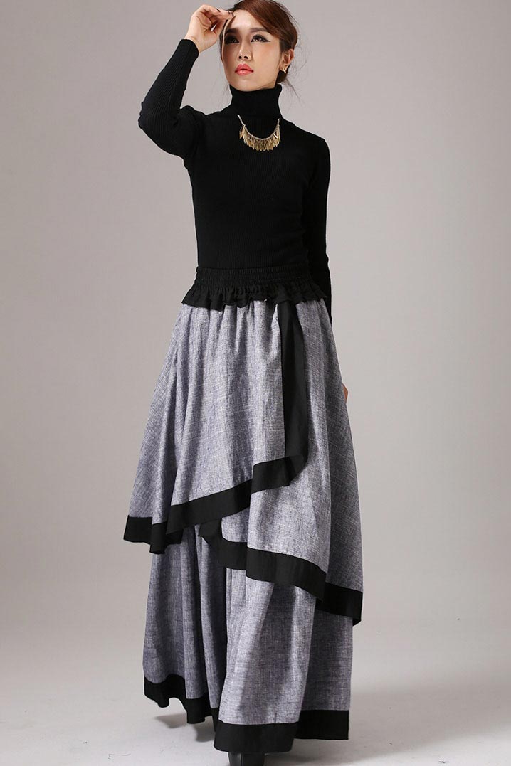 Gray long skirt linen maxi skirt layered skirt 0771# – XiaoLizi
