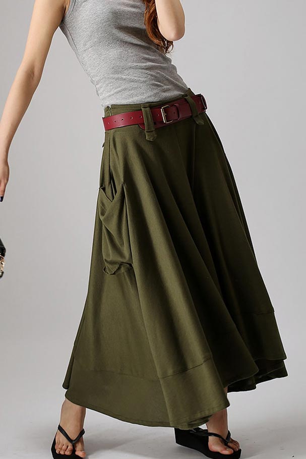 army-green-skirt-women-long-skirt-maxi-cotton-knit-skirt-0885-xiaolizi