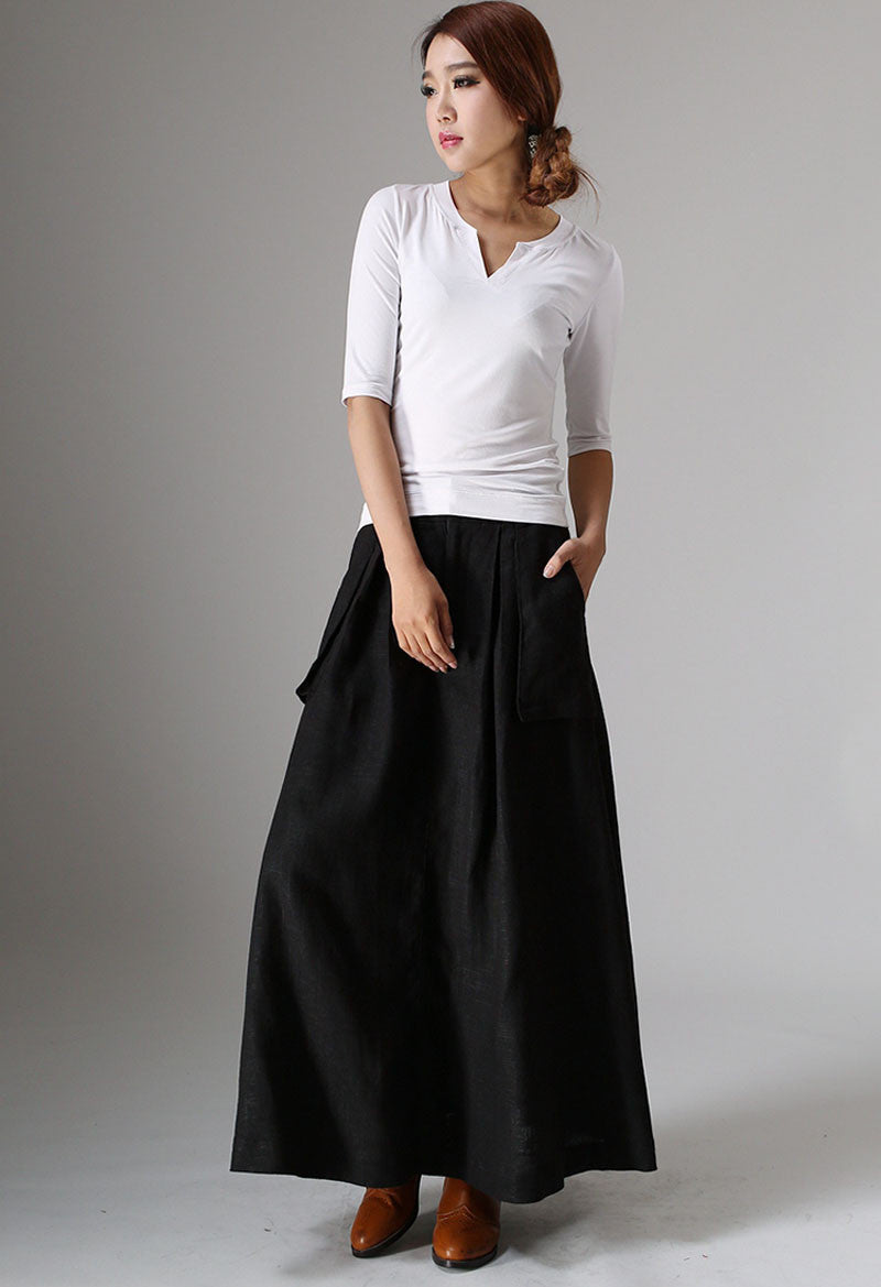Black linen maxi skirt with Big Pocket Detail 0979# – XiaoLizi