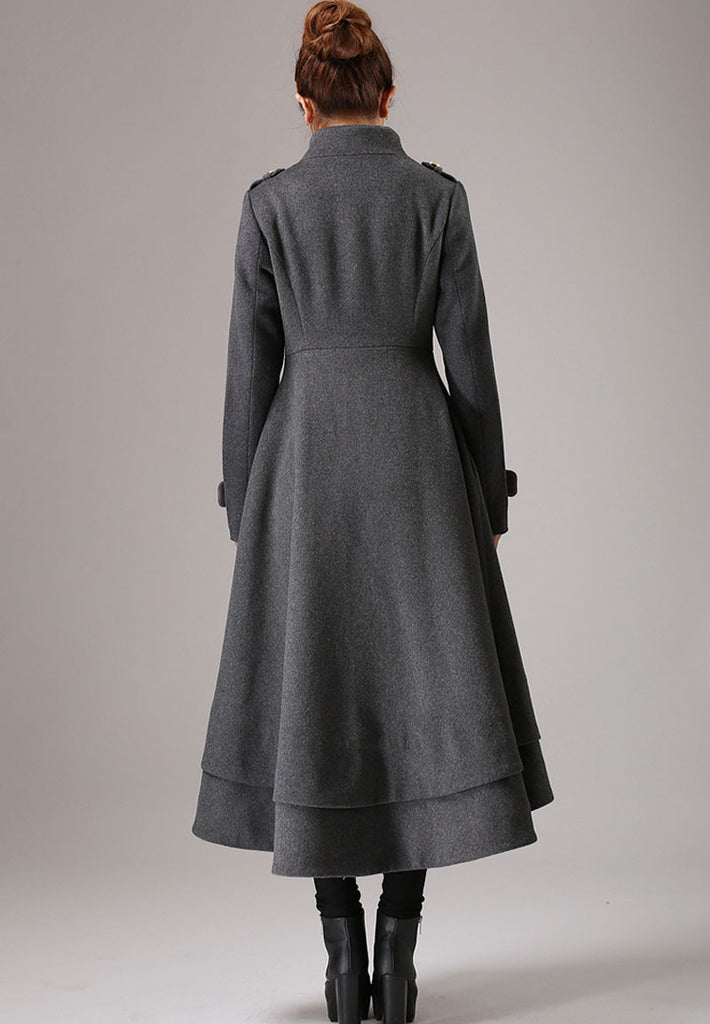 Gray wool coat long winter dress coat with layered hem (761) – xiaolizi
