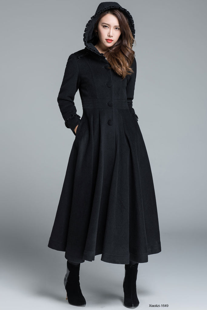 Womens Long Wool Coat with Hood and Ruffle 1102 – xiaolizi