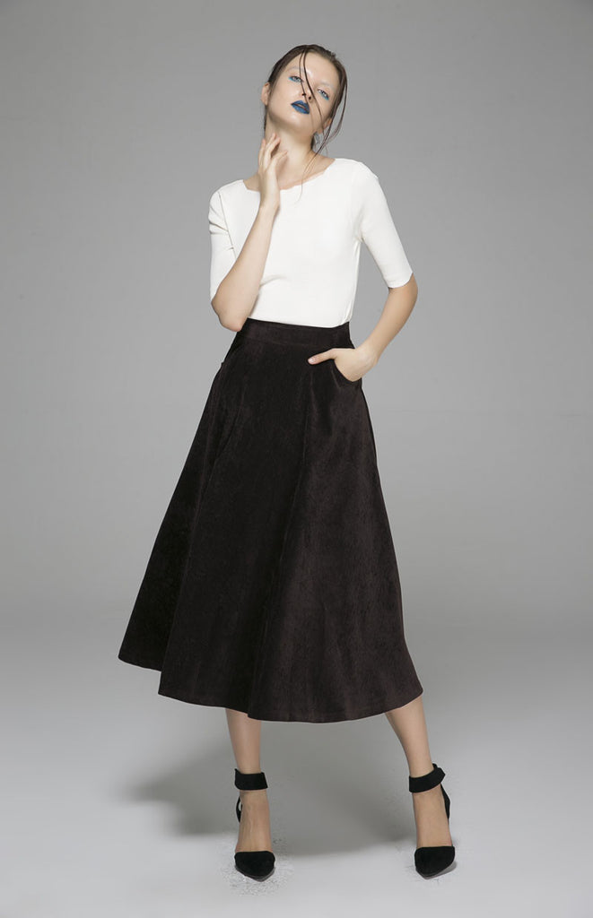 Brown corduroy skirt maxi skirt women long skirt (1378) – xiaolizi