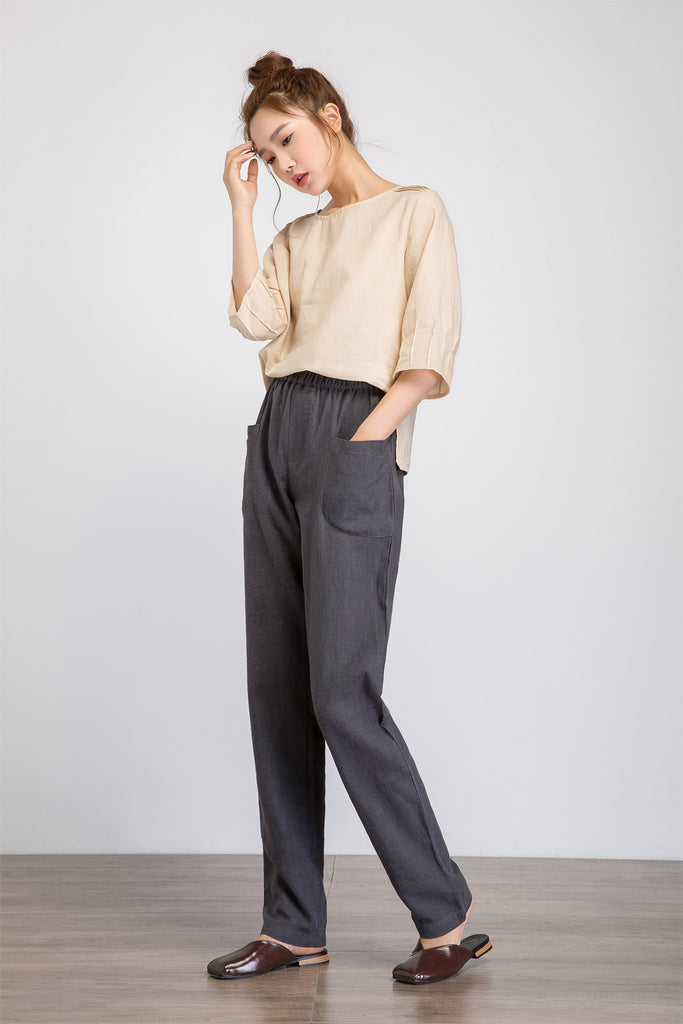 Loose fitting Womens grey linen pants with elastic waist 1930 – xiaolizi