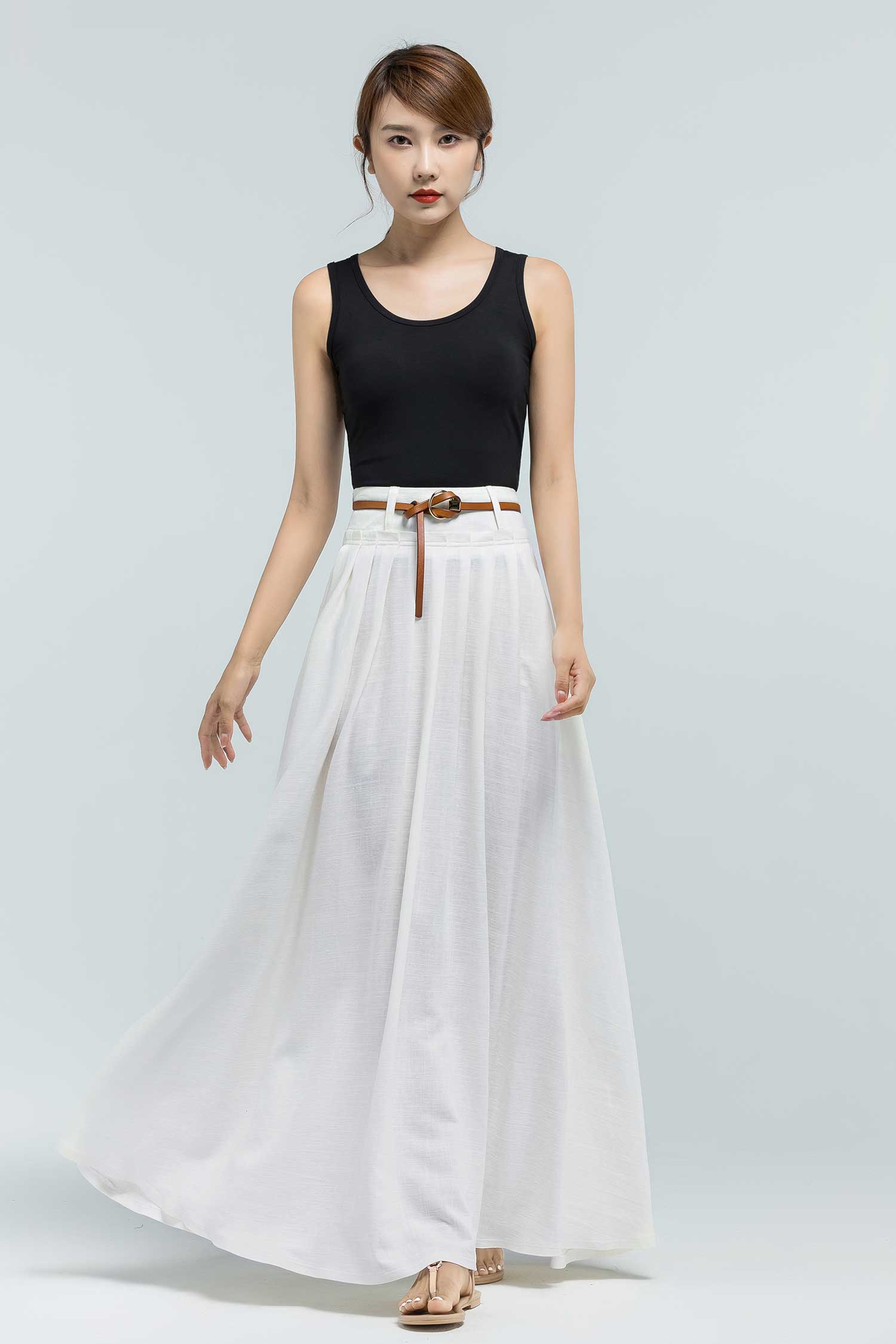 Xiaolizi handmade white linen pleated maxi skirt 2376# – XiaoLizi