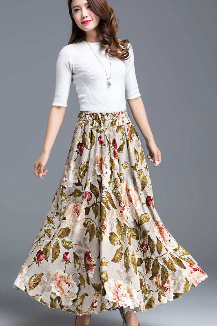 Floral Pleated Linen Maxi Skirt 3609 – XiaoLizi