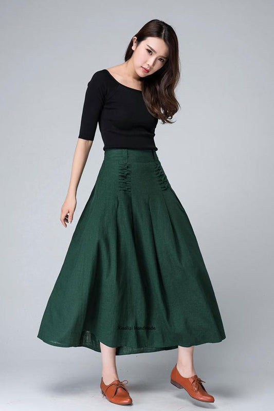 Green Midi Linen Skirt, a Line Skirt, Pleated Flared Skirt, 1950