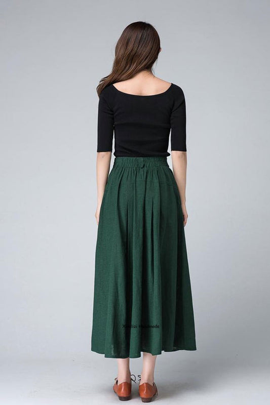 Green Midi Linen Skirt, a Line Skirt, Pleated Flared Skirt, 1950