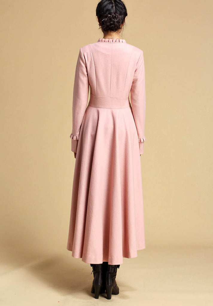 Pink wool coat - women maxi dress coat for winter with ruffle detail a ...