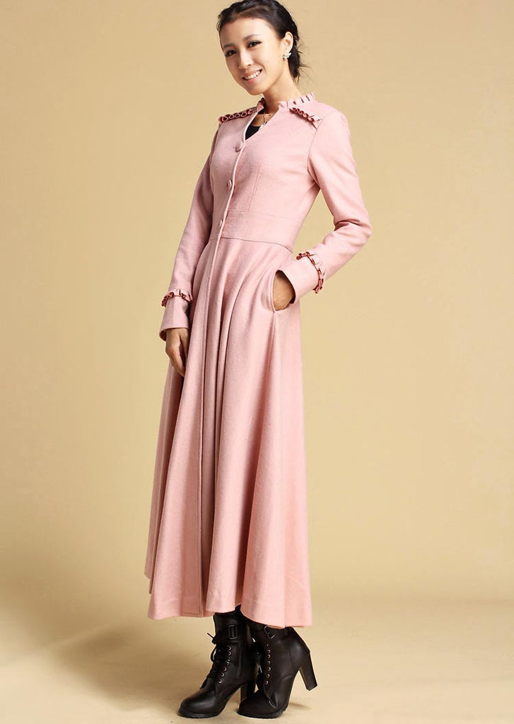Pink wool coat - women maxi dress coat for winter with ruffle detail a ...