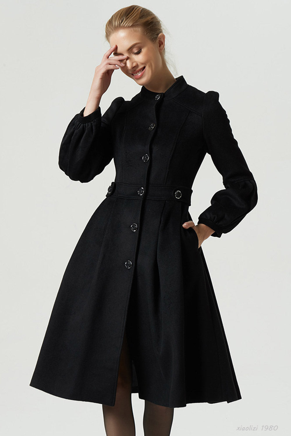 womens black fit and flare dress coat 1980# – XiaoLizi