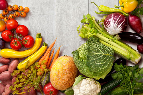 Nutritious fruit and vegetables laid on the table