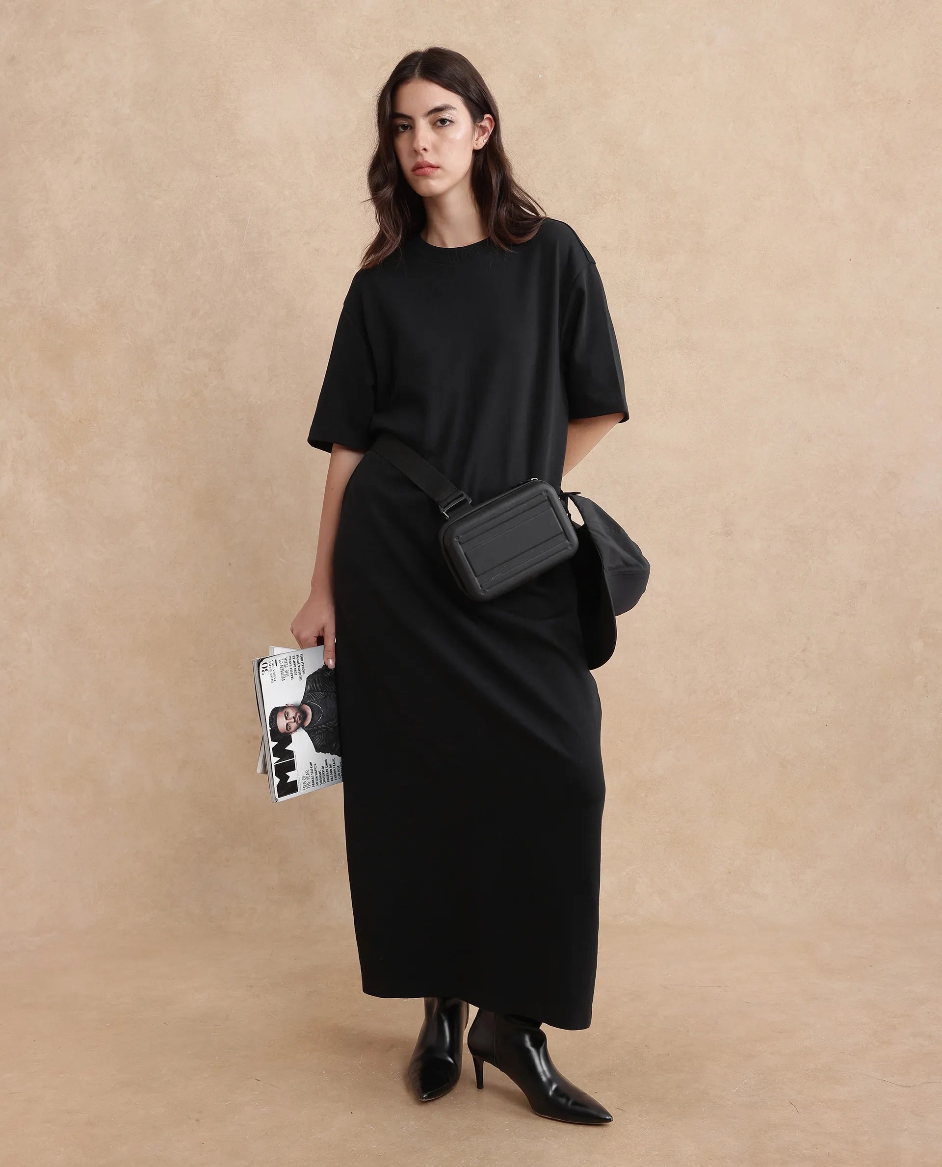 Rareism Women's Afrinca Black Cotton Blend Crew Neck Plain Maxi Relaxed Fit Dress