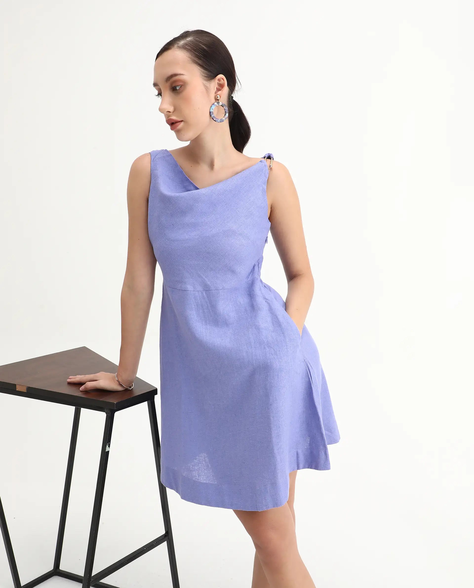 Rareism Women Eswati Lilac Viscose Linen Fabric Sleeveless Cowl Neck Flared Knee Length Plain Dress
