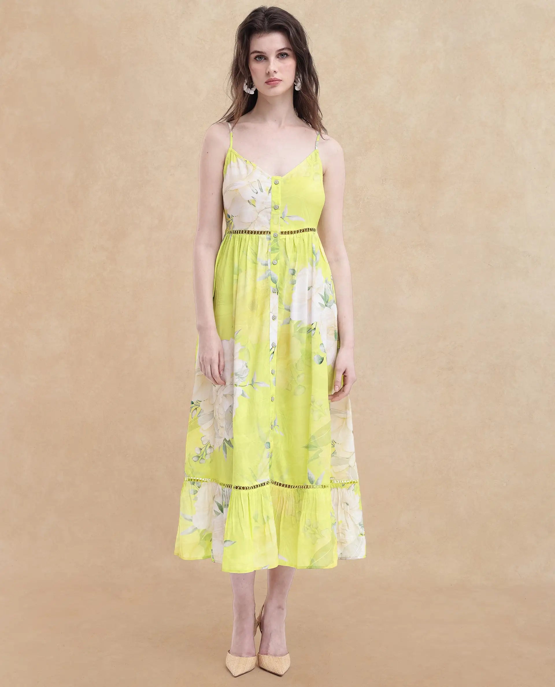 Rareism Women Galina Flouroscent Green Viscose Fabric Noodle Strap Floral Print Maxi Longline Dress