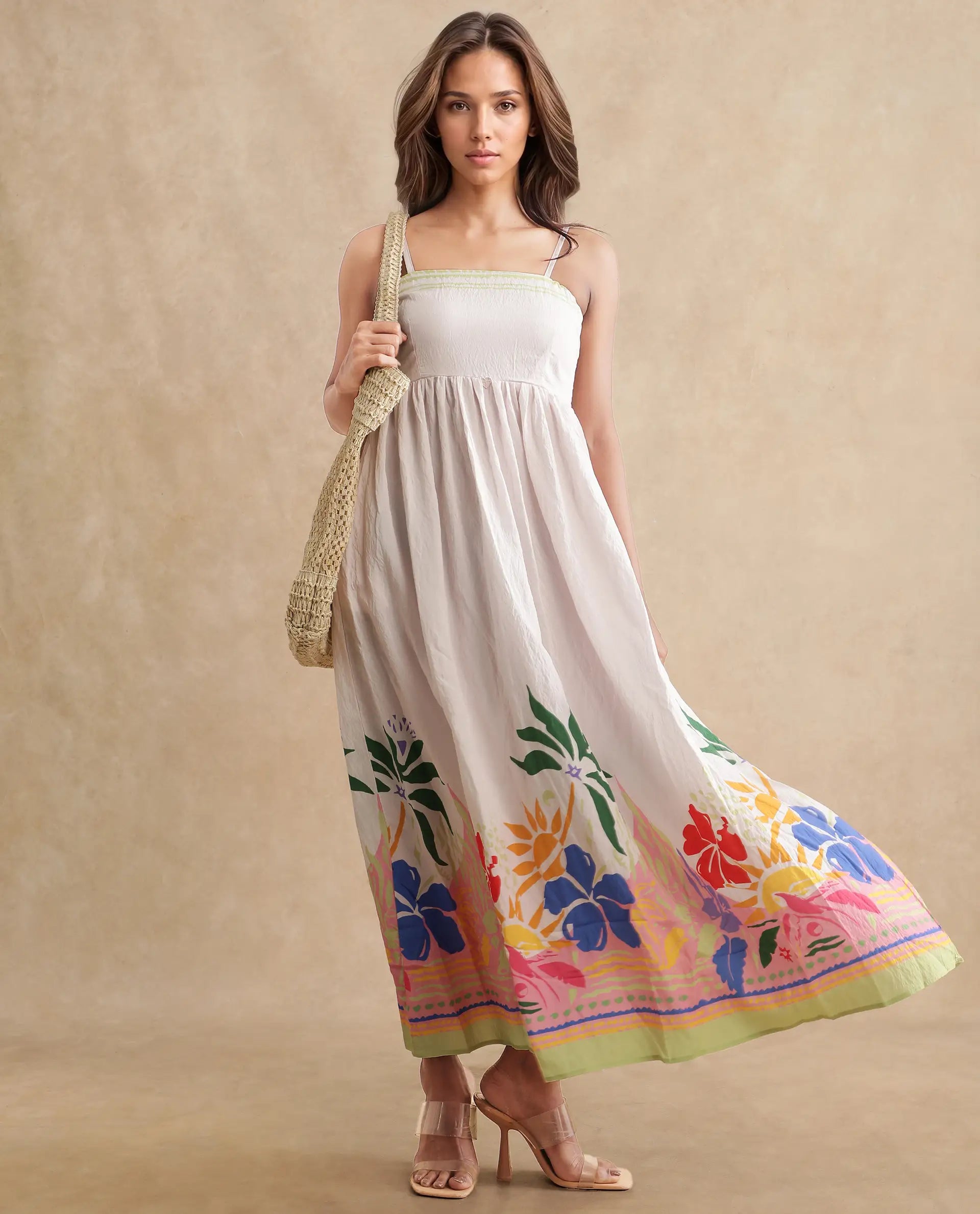 Rareism Women Holley Multi Rayon Nylon Fabric Noodle Strap Floral Print Ankle Length Dress