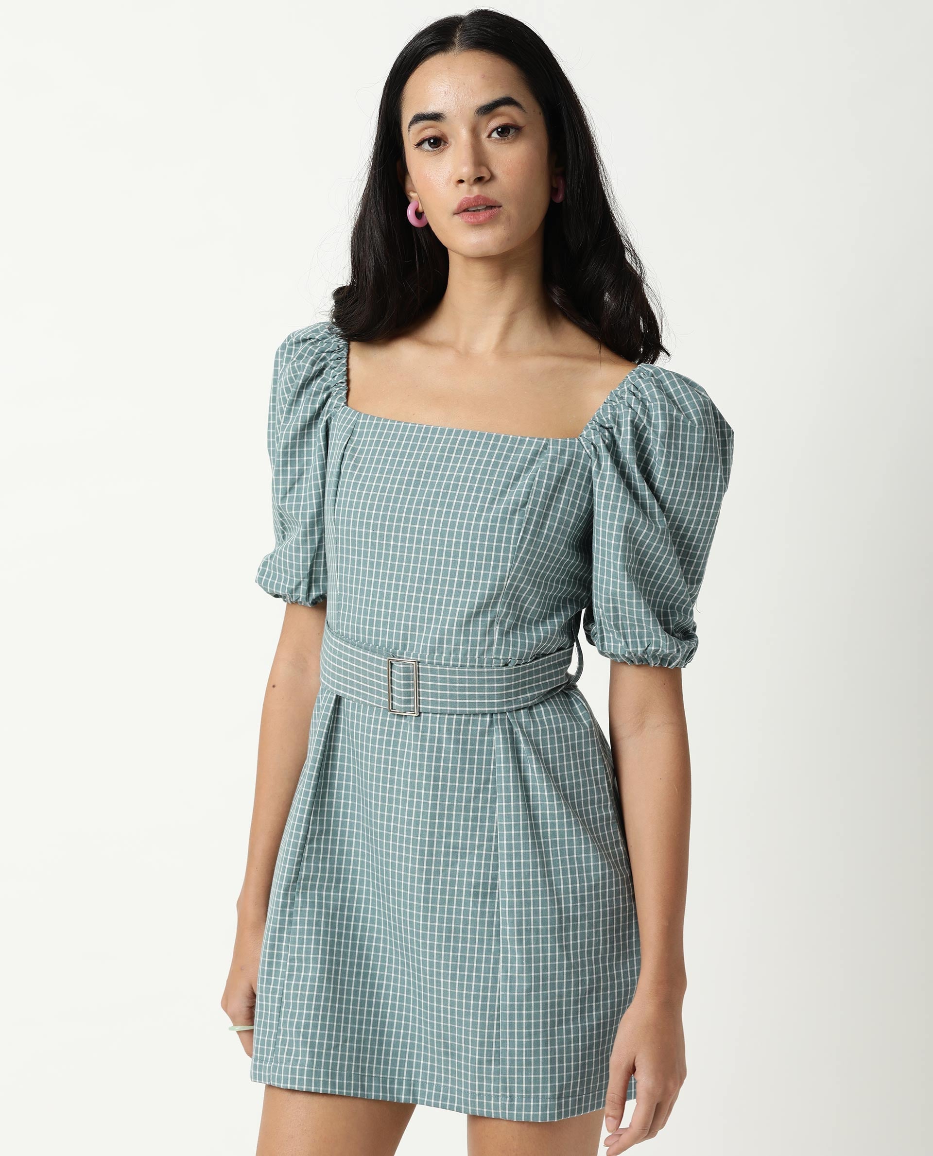 Rareism Women Train Green Check Square Neck Short Puff Sleeves With Fabric Waist Belt Smocked Back Pockets Mini Dress