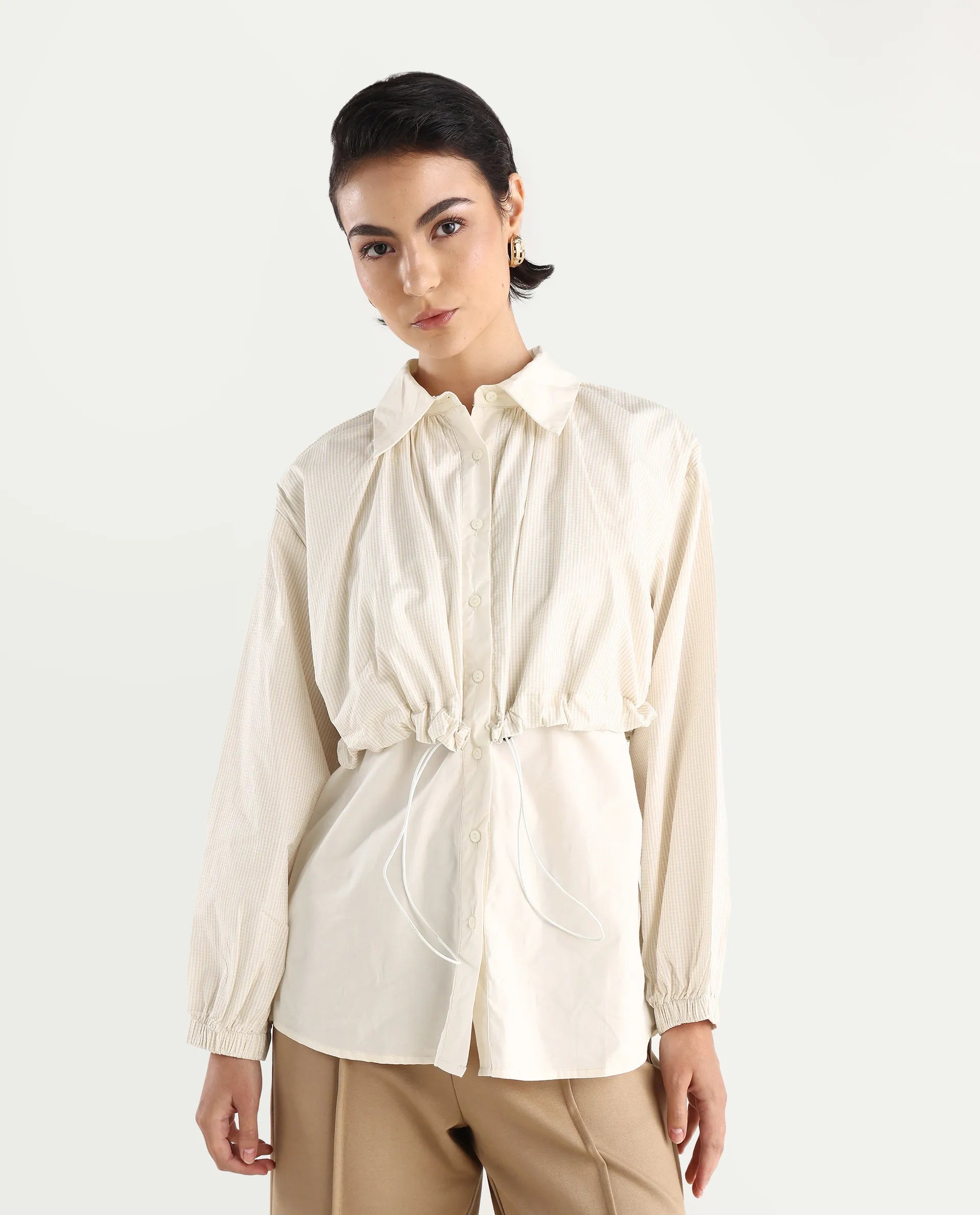 Rareism Women's Mash Beige Cotton Blend Drop Collar Checked Cuffed Sleeve Relaxed Fit Top