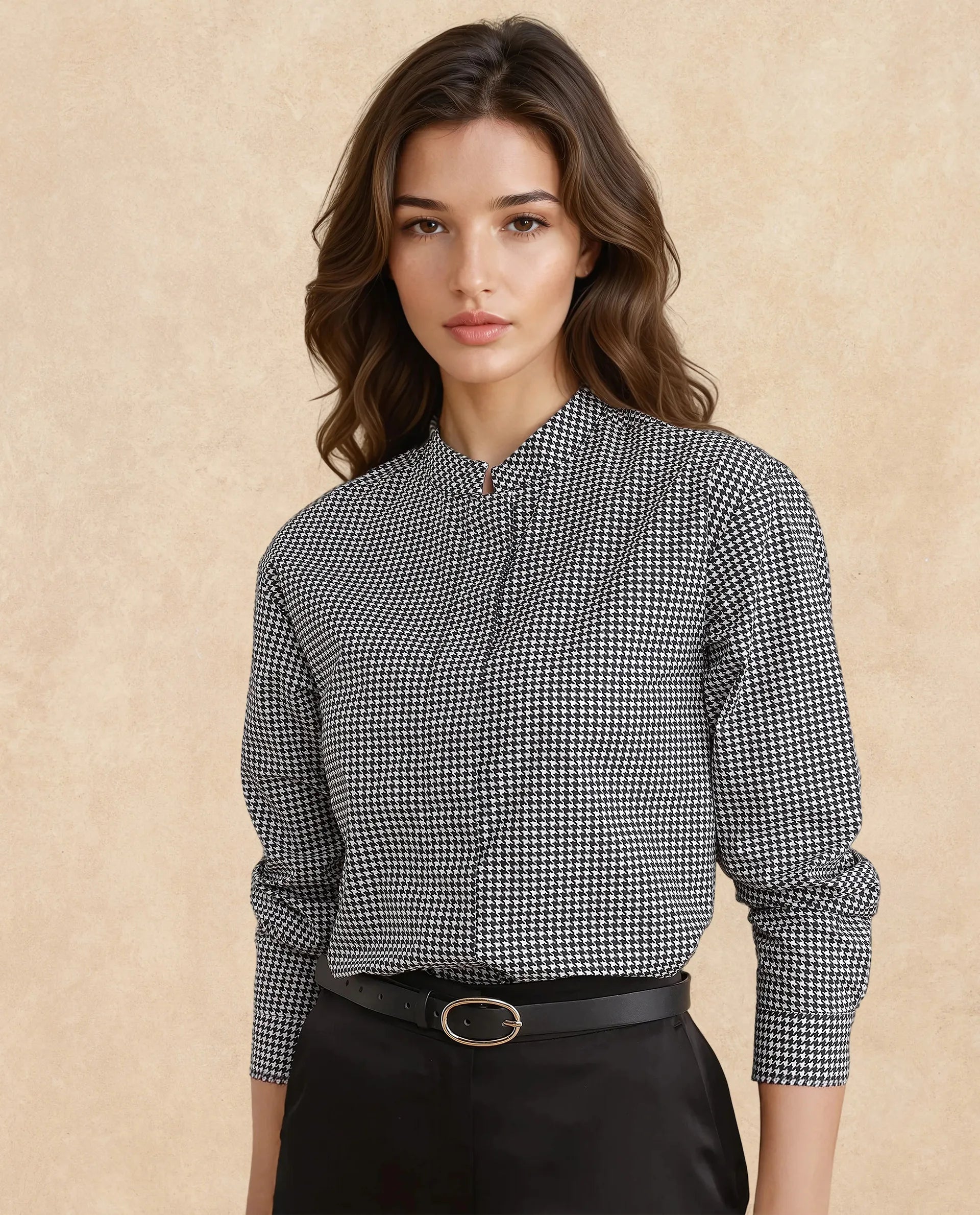 Rareism Women's Neumip Multi Cotton High Neck Houndstooth Print Regular Fit Top