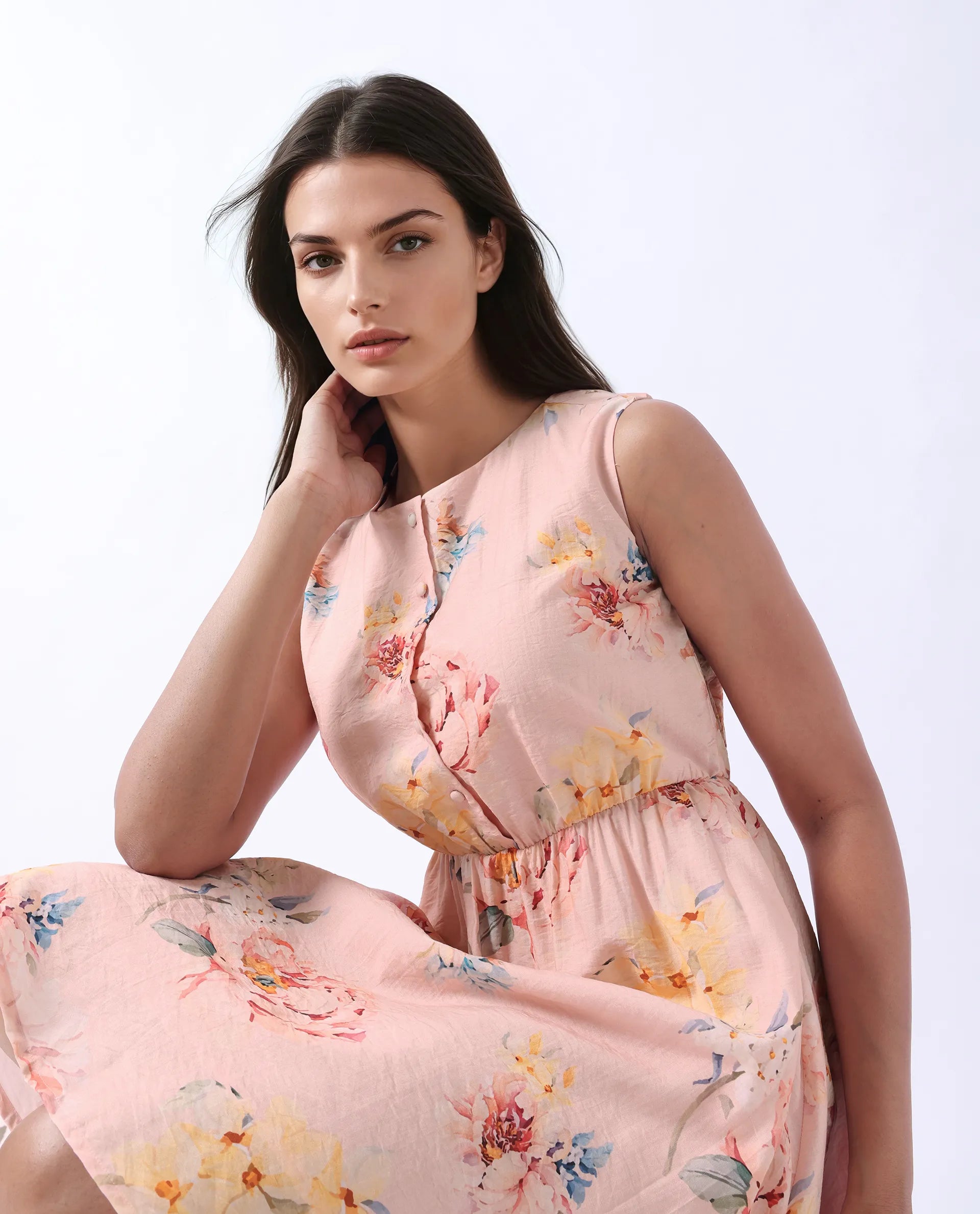 Rareism Women Nupic Pink Sleeveless Mini Length Button Closure Floral Print Dress