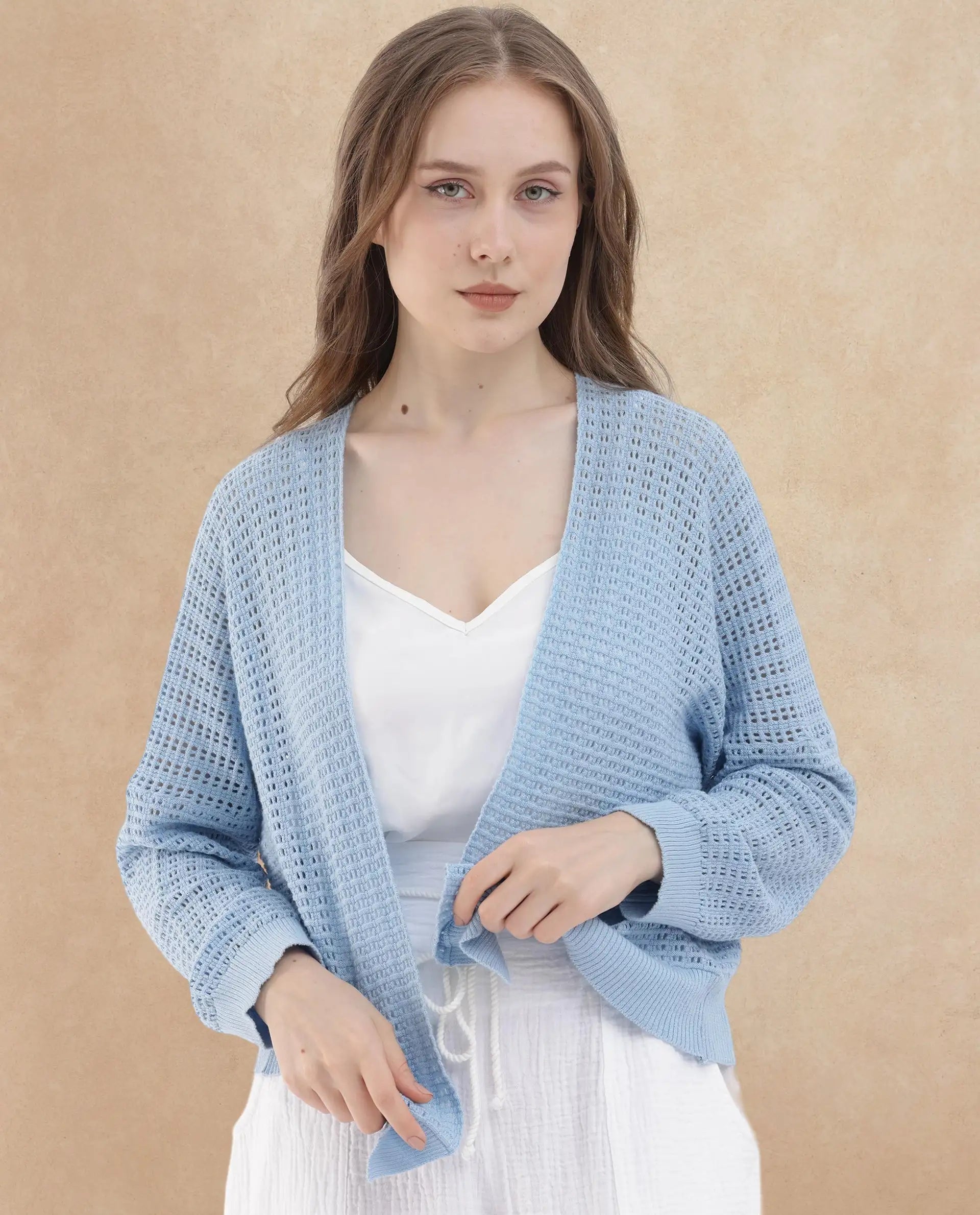 Rareism Women Roba Light Blue Cotton Fabric Full Sleeves Relaxed Fit Plain Shrug