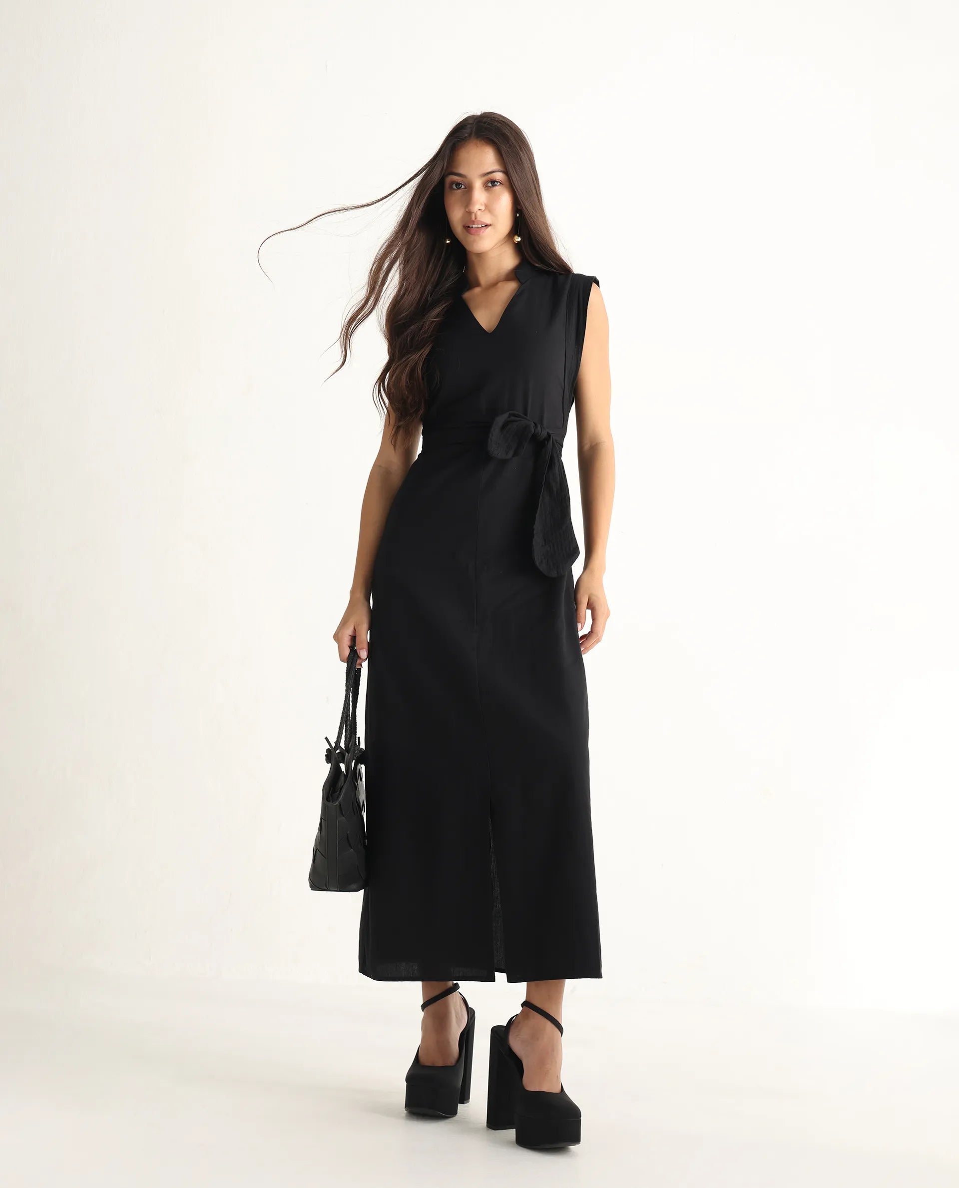 Rareism Women Jenzo Black Sleeveless Mandarin Collar Straight Fit Maxi Plain Dress