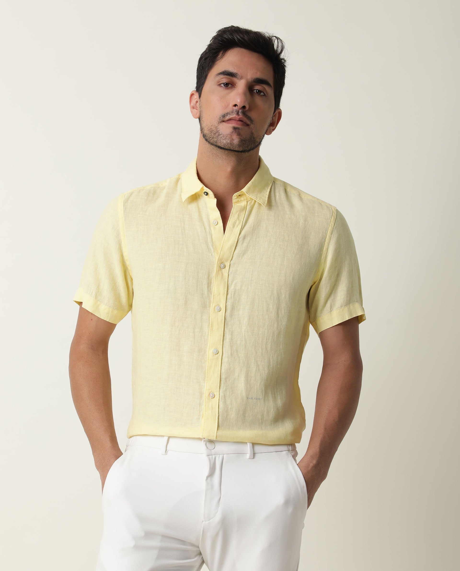 RARE RABBIT MEN'S FLAX SS YELLOW SHIRT LINEN FABRIC COLLARED NECK HALF