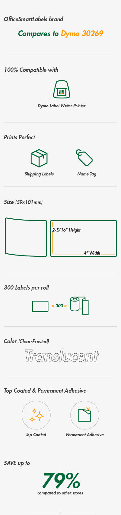 2-5/16 X 4 Clear Large Shipping Labels - Direct Thermal Weatherproof  (BOPP) Film - DYMO 30269 Compatible - 300 Labels/Roll, LD-30269