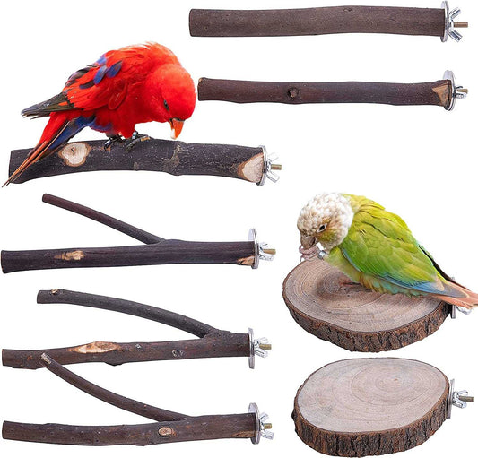 KUTKUT Bird Perch 4 PCS Natural Wood Stand Parakeet Toys Bird Cage Acc