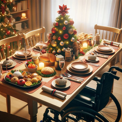 table setting with a xmas tree and a wheelchair in a space with a chair removed