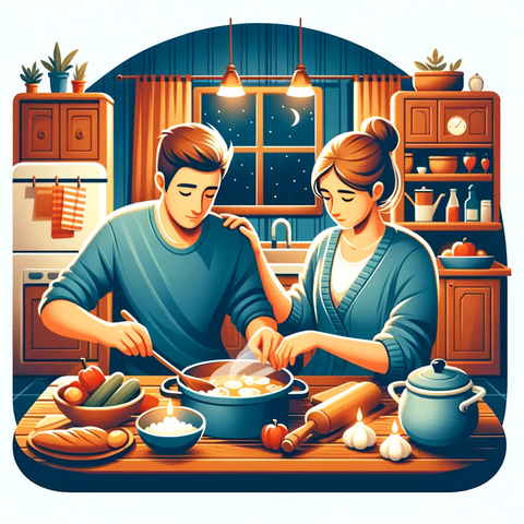 t depicts a friend or family member spending quality time with someone in need, engaging in a warm and cooperative activity like cooking together in a cozy kitchen setting. This scene effectively conveys the importance of being present and offering practical assistance during times of crisis.