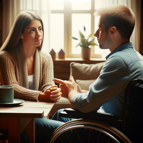 "Direct and Respectful Communication". It shows a family member or friend engaging in a meaningful conversation with a disabled person in a comfortable and inviting home environment, emphasizing mutual respect and understanding.
