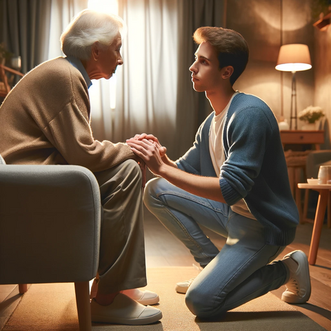 "Understanding and Addressing Needs". This image depicts a compassionate person gently checking in on an older person, highlighting empathy and attentiveness in a warm and comfortable setting.