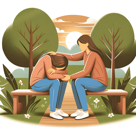 "The Role of Friends in Crisis Situations". It depicts two friends in a park, with one offering comfort and support to the other during a challenging time. The serene outdoor setting underscores the healing power of nature and the strength of friendship in providing empathy and support during crises.